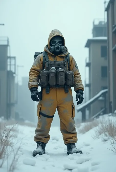 hazmat soldier wearing a gas mask with cracked lens in a nuclear winter environment