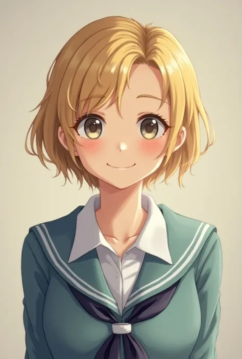 photograph、 blonde and short hair、cute schoolgirl with boobs , smile,  1 girl, 