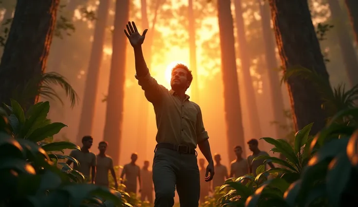 Generate 3d animated image of Indian deep deadly forest and a man raising his hand and giving confidence to some people in forest sunset