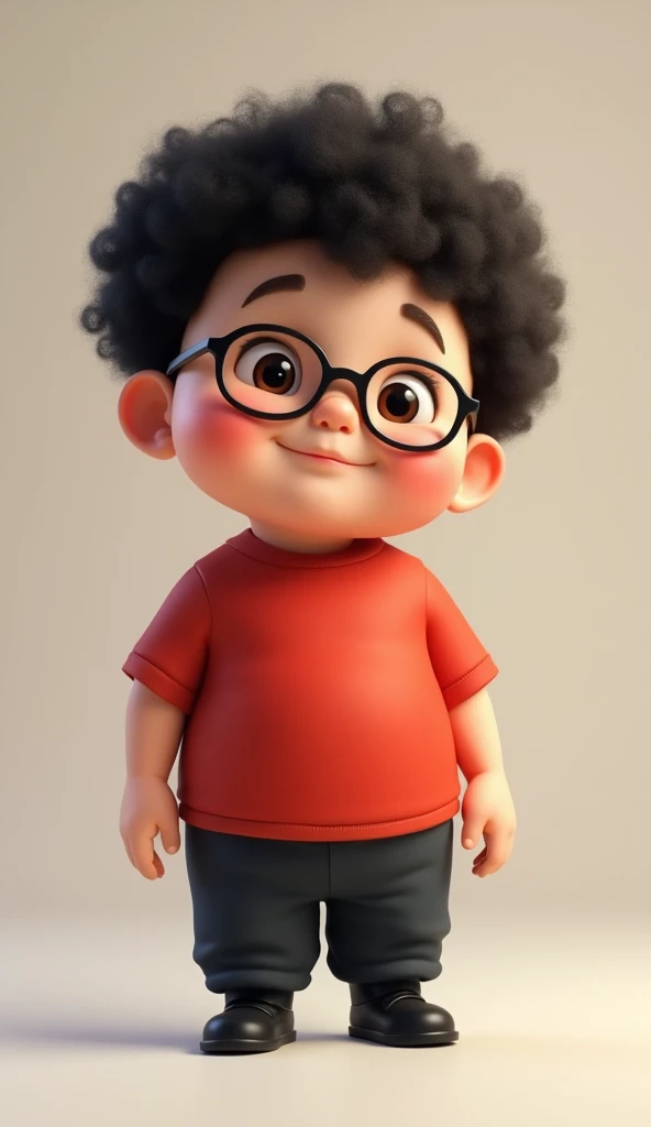  Create a chubby boy , with medium size , white skin, black curly hair, brown eyes with glasses,  red shirt and black pants, black shoe.