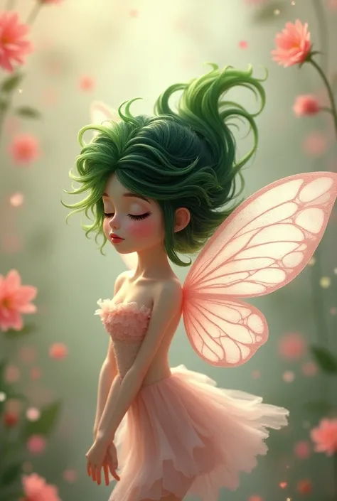 Pink fairy with colored hair half green half black 