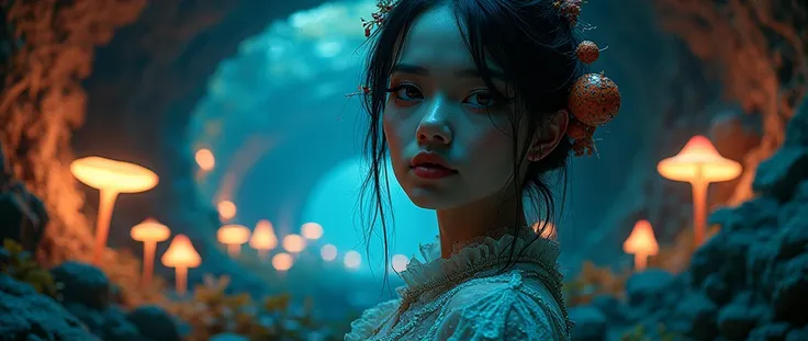 a surreal underground world, 1 person, beautiful detailed eyes, beautiful detailed lips, extremely detailed face, long eyelashes, underground tunnel, glowing mushrooms, bioluminescent plants, alien flora, mysterious atmosphere, cinematic lighting, dramatic...