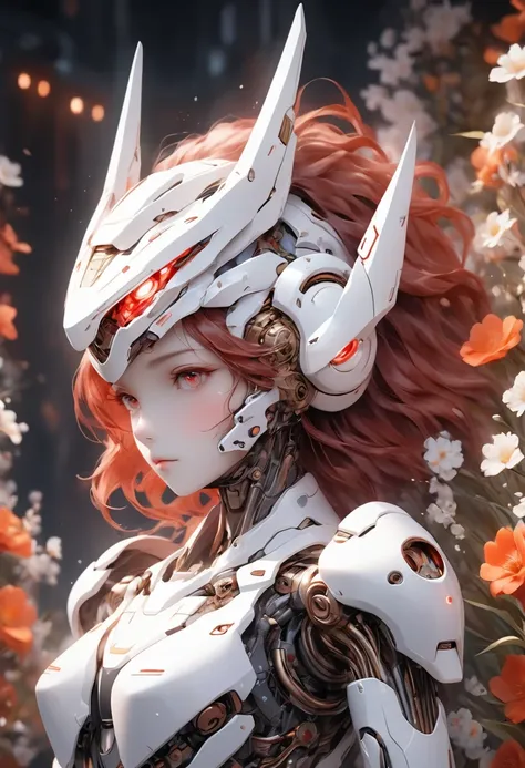 A highly detailed and beautiful mecha anime girl portrait, fusion of art and mecha aesthetics, red-haired twin-tailed girl, extremely detailed and beautiful hair, extremely detailed and beautiful red passionate eyes, extremely detailed realistic white skin, wearing a stylish mecha helmet with a lion's mane-inspired red and white color scheme, body is a detailed red and white color scheme anime robot, entire body is illuminated by glowing red neon lights, detailed mechanical joints visible on the body, the mecha girl is surrounded by a multitude of beautiful colorful flowers, the flowers accentuate her otherworldly beauty, extremely detailed and dense description of the robot body, background is a fractal art-like white canvas with beautiful flowers, extremely dense mecha details in the background, close-up shot of the mecha girl's bust, strong shallow depth of field, (best quality, 4k, 8k, highres, masterpiece:1.5), ultra-detailed, high-quality 3D rendering, dramatic lighting, professional photographic resolution, award-winning