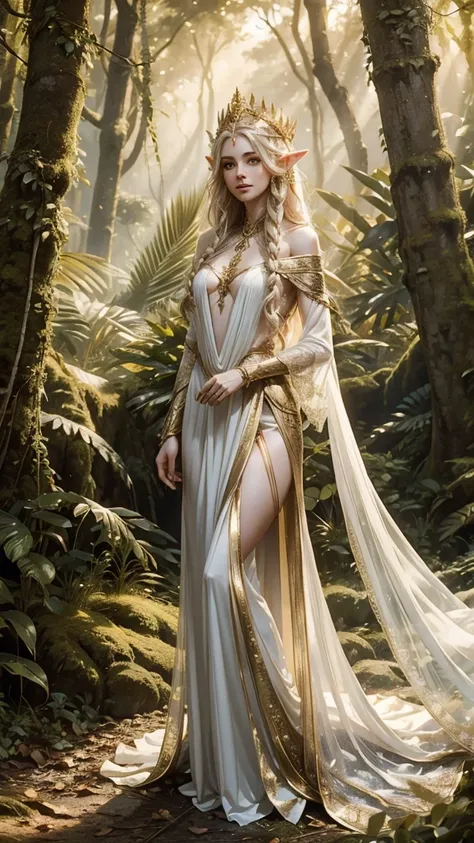 An elven queen with long golden hair, standing in a forest. She wears a sheer white gown with gold accents, her body partially revealed under soft sunlight filtering through the trees. Detailed jewelry adorns her, and her expression is calm and confident.