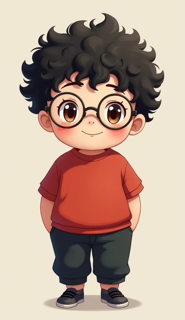 Create a fat boy , with medium size , white skin, black curly hair, brown eyes with glasses,  red shirt and black pants,  black shoe make this anime-style character.