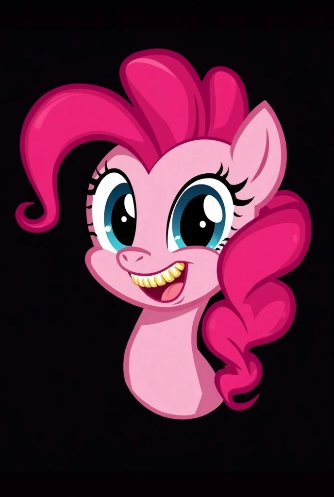 Make a Pinkie pie logo using gold dentures, make her smile, black background, Make it just like the cartoon