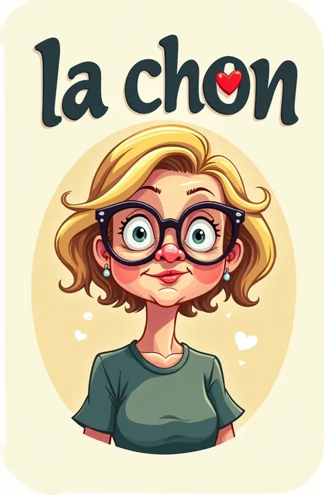 create a logo that says "La Chon "  with a 60-year-old lady who is half chubby and slutty, blonde,  shakes with glasses and short hair , Super short