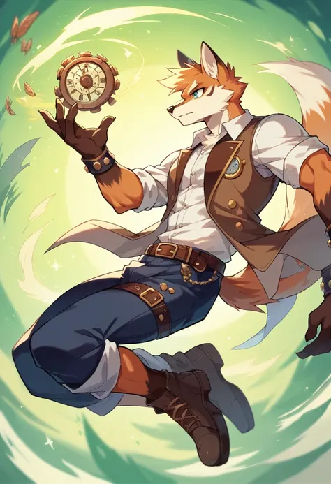 ((best quality)) ((masterpiece)) portrait, Magic, floating, fitness, fairy fox, anthro, kawai, high detail, vibrant, steampunk city background, wearing stemapunk clothes, white shirt, brown vest, brown pantalon, male, 8k