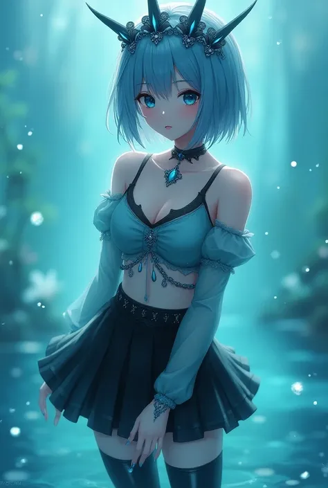 Adult anime woman,  short blue shoulder-length hair with a fringe, blue eyes,  white skin, slender figure.  Wear a blue-gray V-neck , a tight black short type rewind ,  tall teal gray stockings , black ankle boots ,  an 8-pointed aquatic crown ,  and a moi...