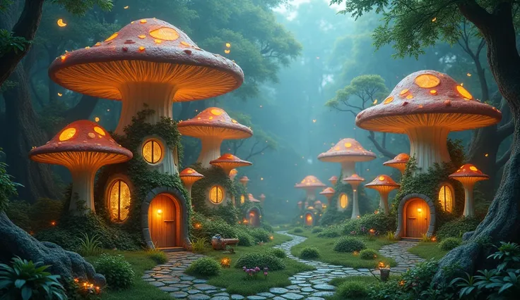  A village of houses made from giant mushrooms, lit by glowing fireflies at night.