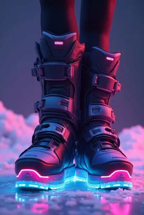  close-up of a pair of ski boots with lights on, , Overwatch Design, lowres, Heavy boots ,  futuristic sneakers , Concept art style, Unknown art style,  overwatch style , Overwatch Inspired, neon hoof,  Apex hero style , New Vaporwave, giant boots , sombra...