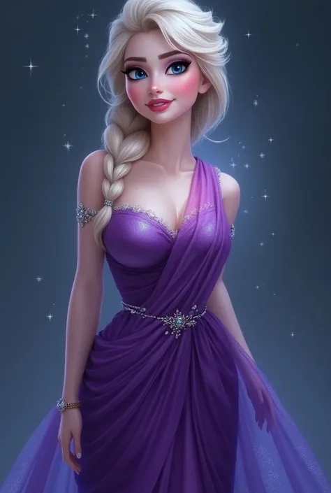 Elsa wears purple hot saree, hot and sexy figure, boobs , nude elsa , curvy figure , pussy , large  boobs 
Facial Structure: Elsa has a heart-shaped face with high cheekbones, a slender nose, and a pointed chin. Her facial features are delicate yet strikin...