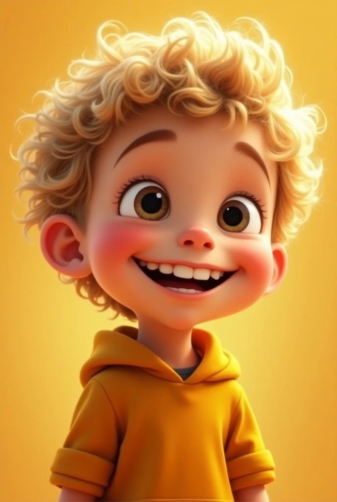 Pixar-style poster , Light-skinned two-year-old boy, curly yellow hair,  almond eyes and perfect smile, white teeth, The mouth is a little more closed