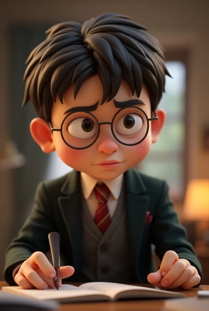 EXTRA HIGH QUALITY ，8k超HD，Cartoon Characters， Harry Potter ，这是 Harry Potter 电影里的一个的魔法师坐在教室里，20 years old， Very aggrieved ， Working in an office，Wearing a suit， macro zoom style ，Innocence，Cute dream ， cute cartoon image ，Disney style， Harry Potter ，Film To...