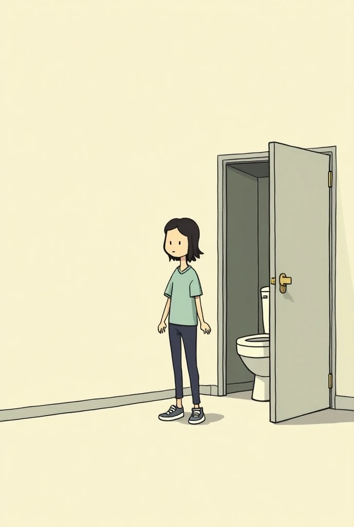 A  entering to the toilet in comic with no emotion 