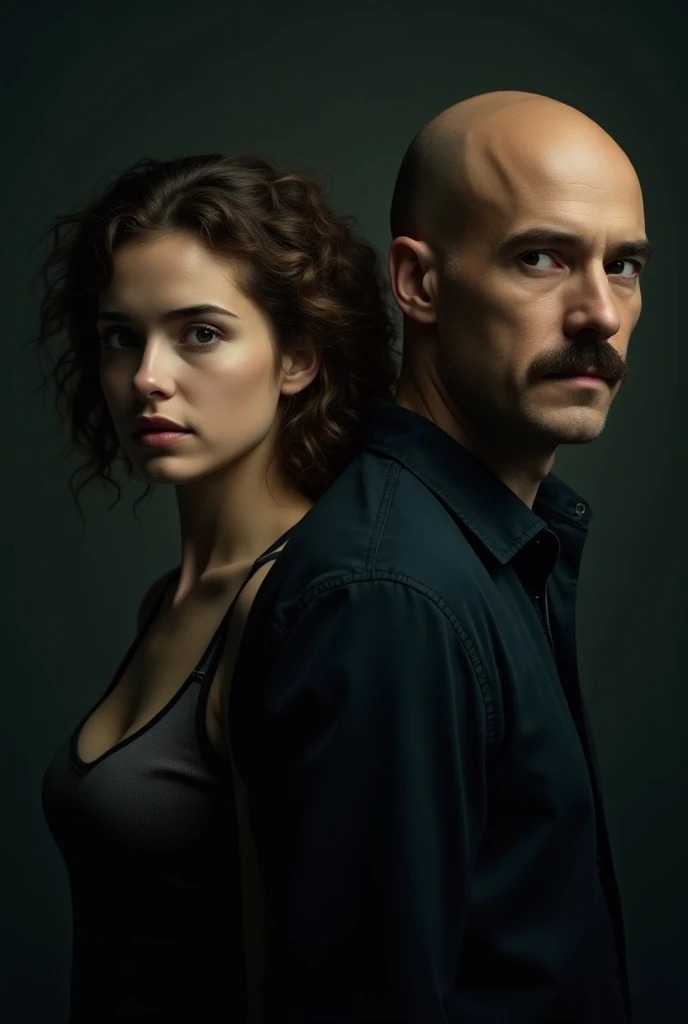 movie poster, Movie name “The Dark Side of Love” ,  a young woman with light brown and curly hair, a bald young man with a subtle mustache. 