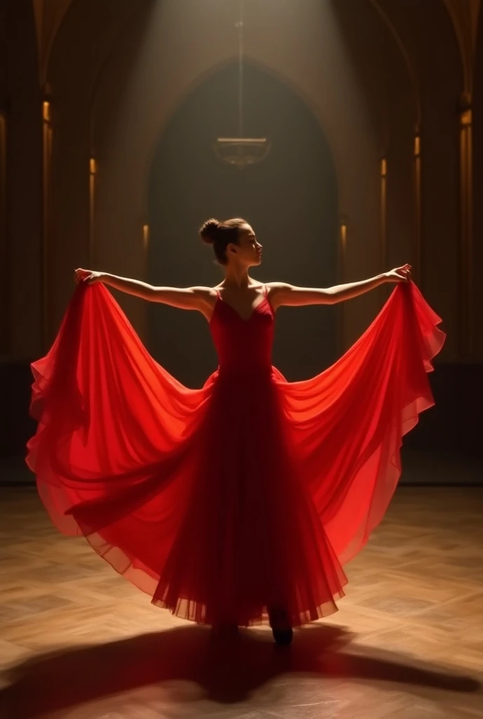  A dancer in a red ballet gown ， elegantly displayed in the spacious arch-hall Dance Pose。 Her red long skirt flutters in the air ， like a flowing ribbon ，The background light is dim ， creates a soft and dreamy atmosphere ， The whole is full of power and b...