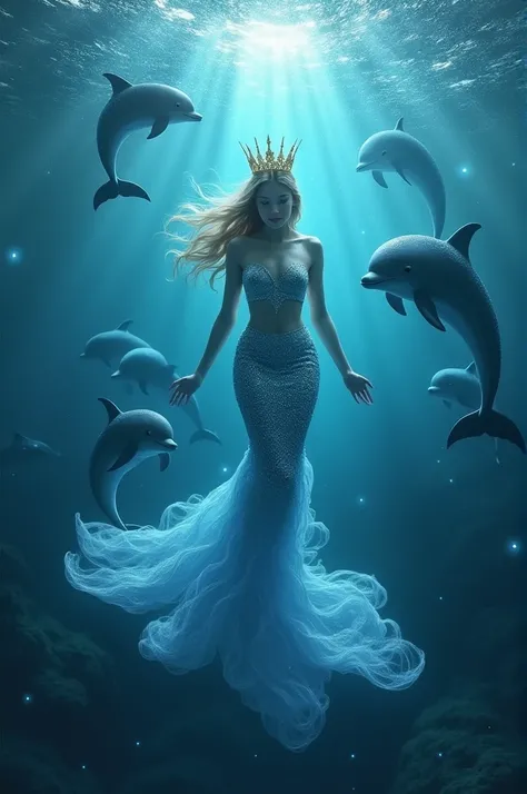 "Maris, now wearing a royal crown, swims gracefully through her kingdom, with dolphins following her as the ocean glows."