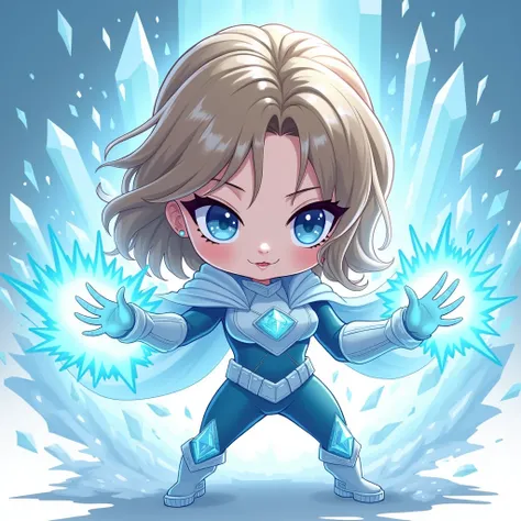 A super heroine,   in chibi style /
cartoon , white skin, light brown hair on the shoulders ,  with crystal ice powers/ cold in a heroic combat pose.  full body. 8K