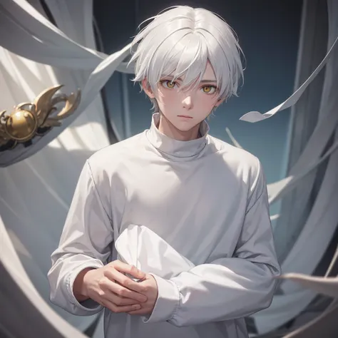 Boy with white hair and yellow eyes in a white sweatshirt
