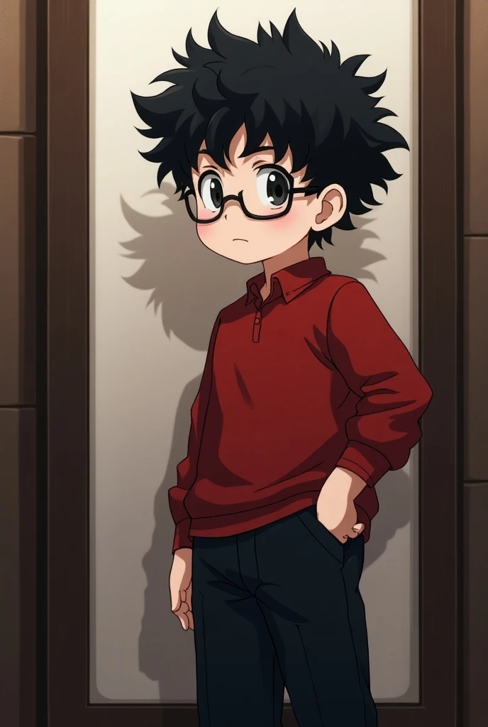  Create an anime-style boy , Its characteristics are, high, gordo, black curly hair,  white skin who wears glasses , clothes red shirt , black pants and black shoes.  Stand in front of the mirror with a serious look.