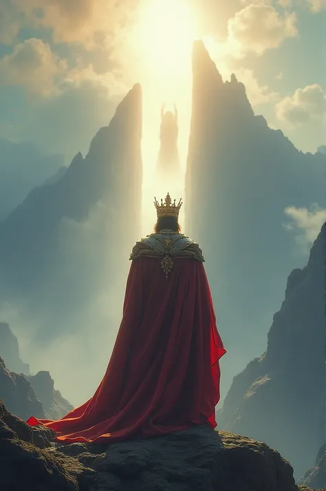 Lonely King at the Peak: The king alone at the mountaintop, his royal attire fluttering in the wind. The mountain is bathed in soft, heavenly light, and the king stands tall, looking at the divine figure of God, who waits with a knowing smile.
