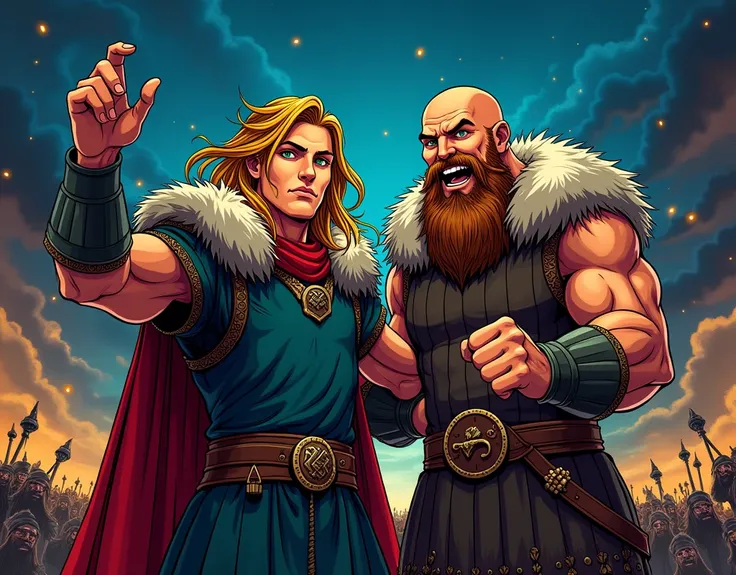 American Comics style image, imagen principal a Harald, Who is a Viking similar to young Thor,  with long hair , green eyes, Counts clothing, theme:  with a bald-haired Vikings , Cheerful bald-headed ,  style, Muscular and another Viking very short brown h...