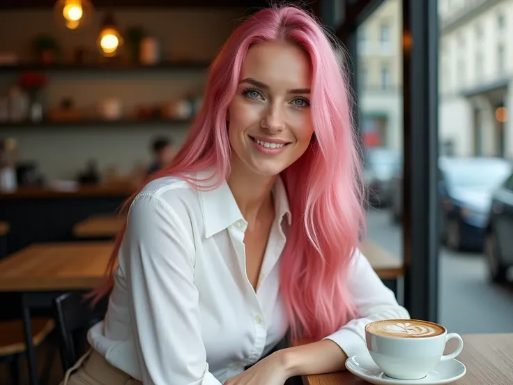 russian woman, 20 years old, female model beautiful,  beautiful model, beautiful young model, perfect body and face, long pink hair and a perfect body, Amazing beauty, whole body, (boobs:1.4), blue eyes, smiling, freckles, having breakfast in a cafe, cappu...