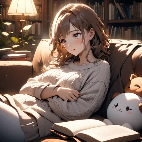 (((Masterpiece, ultra quality, hyper-detailed, realistic anime style, SDXL, 8K resolution, RTX, perfect pixel, depth of field, cinematic lighting, dynamic shadows, high contrast, highly detailed textures))), 1 woman laying comfortably on a plush couch, rea...