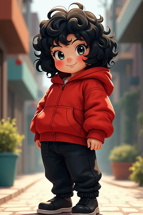  Create a young anime style, Put him high , gordo,  curly black hair , white skin, red clothes, black pants and black shoes.