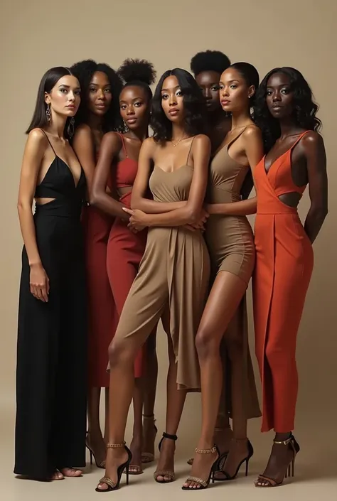  A group of women of different ethnicities and styles, posing together. Each one has a unique look : make-up, hairstyles,  and expressions that reflect their own personality ."