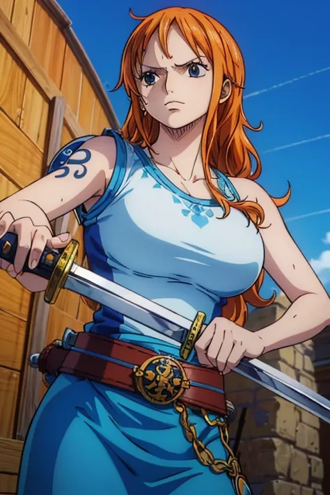  (Best Quality, 4K, 8k,  High Resolution , masterpiece:1.2), Super detailed, (Realistic, photoRealistic, photo-Realistic:1.37),  Preserving Anime Style ,Nami from One Piece,Brave look,Pale orange hair ,Left shoulder tattoo,Large Breasts, Female warrior, fe...