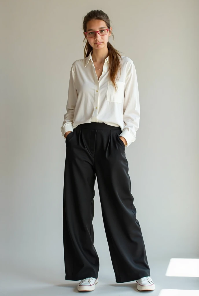 Realistic photo of a girl ,  now an adult wearing wide black pants, white shirt and sneakers ,  long light brown hair in ponytail .