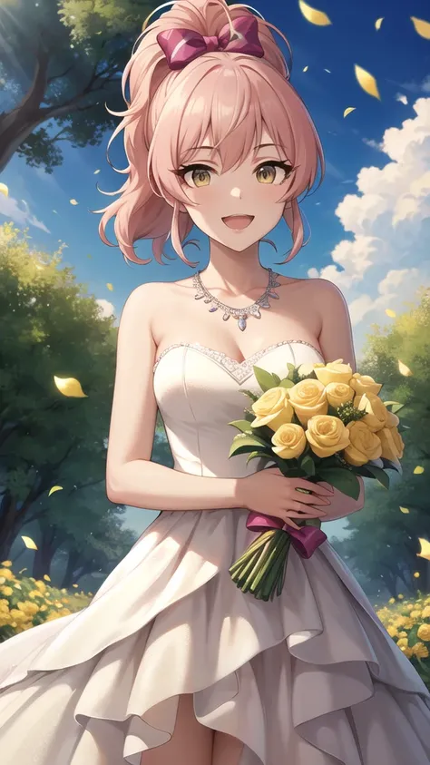 masterpiece, best quality, highres, aamika, ponytail, hair bow, wedding dress, strapless, necklace, white dress, garden, standing, cowboy shot, holding bouquet, open mouth, smile, confetti,