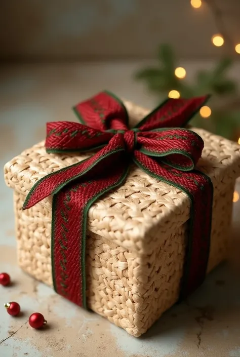  A gift box handmade with woven palm fiber ,  highlighting intricate patterns in a natural beige tone .  at the top ,  the box is decorated with a wool ribbon in red and green colors ,  carefully woven to give it a soft and handmade look .  This view allow...