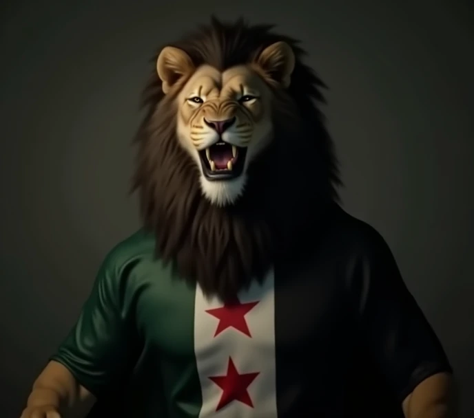 A roaring lion draped in a flag, the flags length is twice its width, divided into three equal parallel stripes, the top is green, the middle is white, the bottom is black, the white stripe contains three red five-pointed stars in a straight line, highly d...