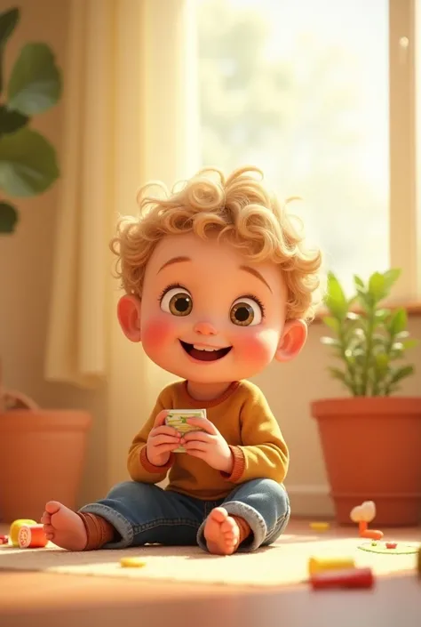 Pixar-style poster , Light-skinned two-year-old boy, very curly blond hair, Almond eyes and perfect smile that you are sitting playing