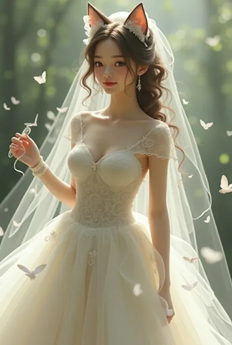 See-through wedding dresses, Nine foxtails, Long ponytail, Girl with cat ears, Full breasts