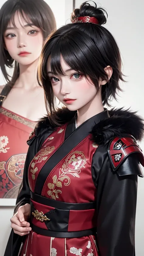  1 girl, Miss, handsome, ink, Chinese Armor, ((2.5D)),  black hair ,  Flowing Fur ,  Delicate Eyes , black and red antique brocade Hanfu, Field of view, (f1.8), (masterpiece), (Portraits), [Front view photo,  white background for the head only, (Movie Post...