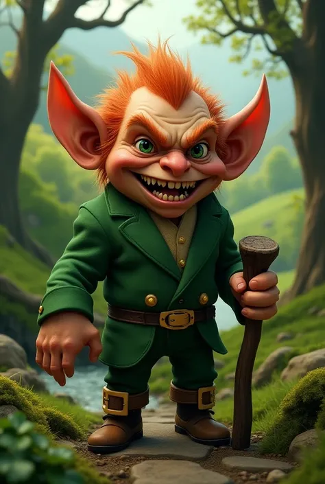 A leprechaun with very large ears, sharp teeth and a lot of muscle. 