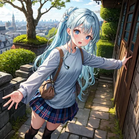 Light blue hair、Rainbow Eyes、Wavy Hair、Hair tied up、Two cute、 Plaid Mini Skirts 、Black T-shirt、Long sleeve、and、Black knee-high socks、Teeth are visible、Ice Castle、Tilting face、lawn、In front of the city gate、The stone is cracked、Uneven ground、Stone Wall、The ...