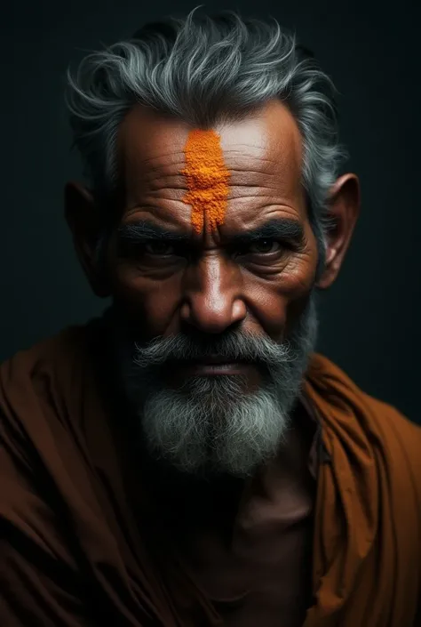 Ugly dark indian hindu man who has saffron tilak on forehead.face.realistic.