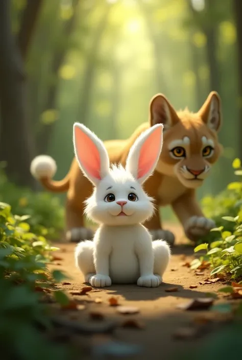 Sad white fluffy bunny in the forest and in the background, a lion cub appears wanting to attack the bunny