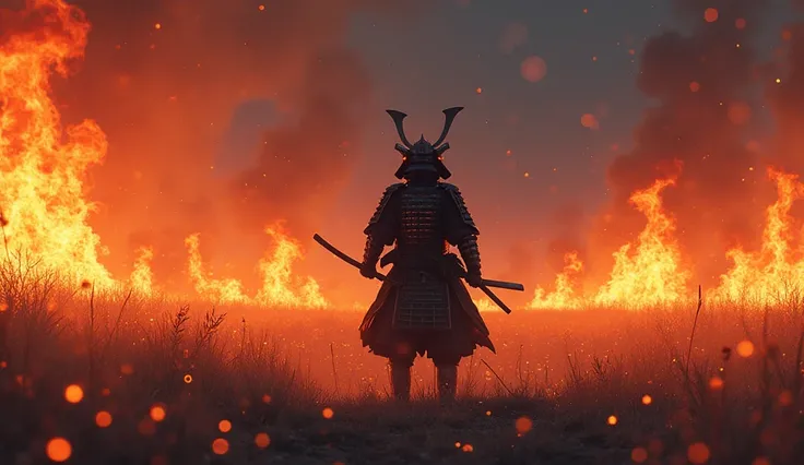 戦う茶色のsamurai子猫の軍隊, ((samurai子猫の軍隊)), 二つの国のfight, pocket, armor,  Fire Burning in the Distance,samurai,fight, colorful, Dark atmosphere, 日本式のarmor, battlefield, knife, gun,cute, whole body