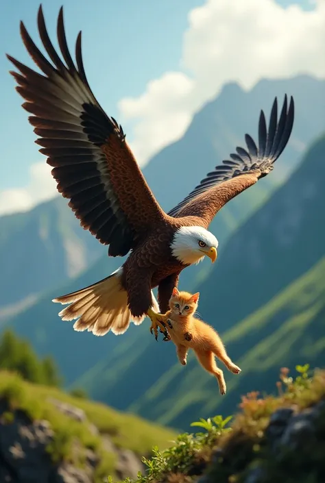 An eagle flying at a height of ,  with its sharp legs clutching the body of an orange kitten, then take the cat to the ground,  green and very beautiful mountain background