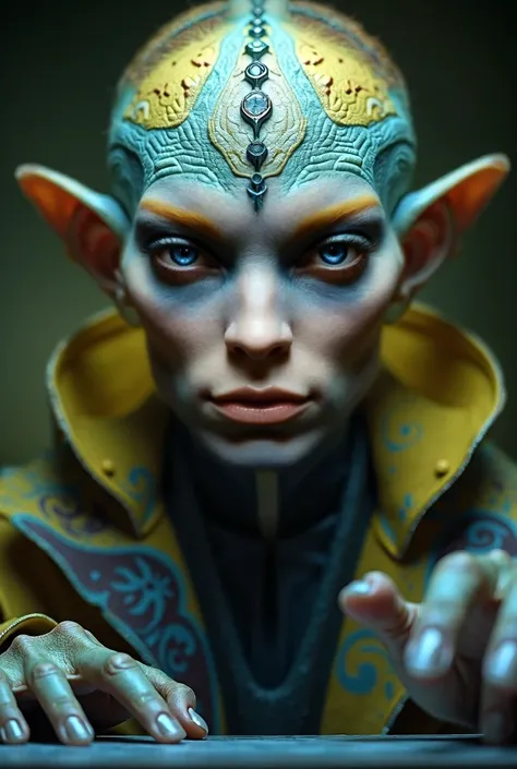 Hybrid handsome male human-alien sitting at a desk, hands on the desk. Male 40 years of age, human facial structure, normal mouth, ridescent blue and yellow skin, lizard-like skin, intricate patterns on forehead, large ridges on forehead and nose, devoid o...