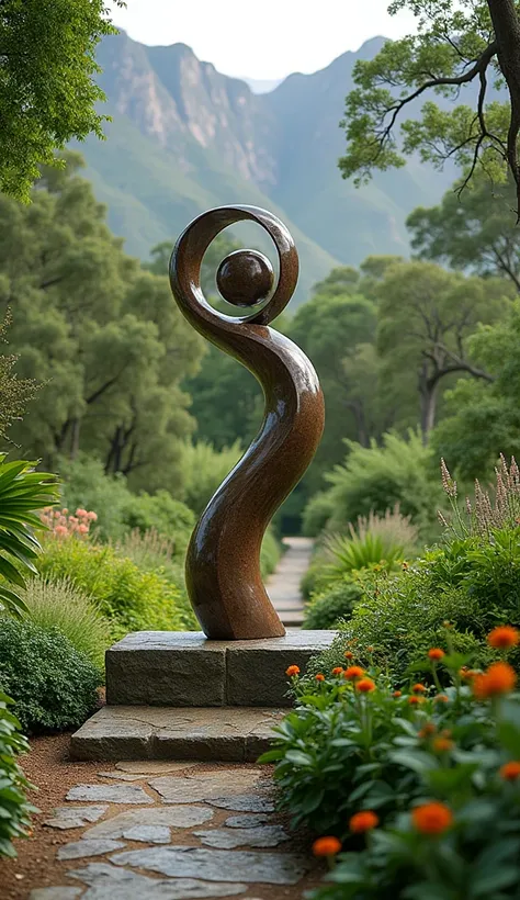 Sculptures scattered throughout Kirstenbosch, with one art piece prominently displayed among native plant life, blending the beauty of nature with artistic expression