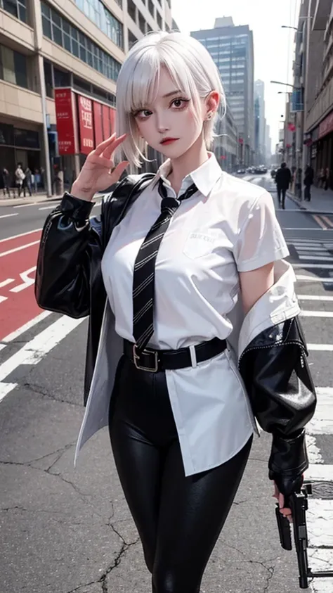 1 Girl, Close-up, (White hair,  medium length hair, Large Breasts, Red Eyes),  Perfect anatomical structure, City, Future punk style, (( white shirt, Black jacket,  Black skirt , Umbilical cord, belt, Black gloves, tie, watch, earrings, black see-through l...