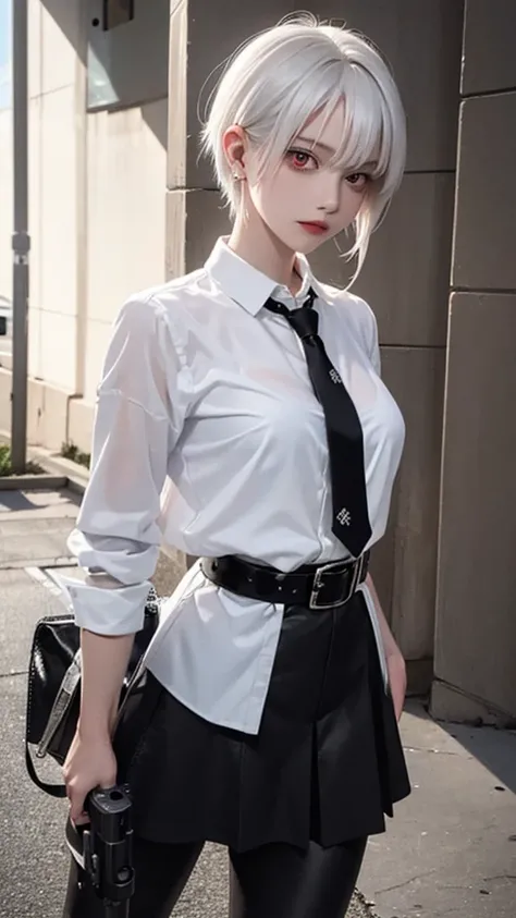 1 Girl, Close-up, (White hair,  medium length hair, Large Breasts, Red Eyes),  Perfect anatomical structure, City, Future punk style, (( white shirt, Black jacket,  Black skirt , Umbilical cord, belt, Black gloves, tie, watch, earrings, black see-through l...