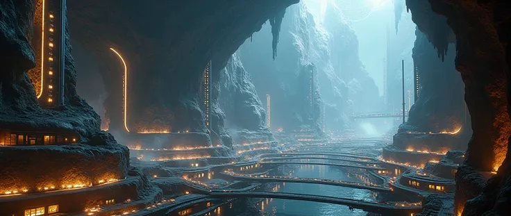 a futuristic underground city in a huge cave, detailed architecture, glowing lights, advanced technology, sweeping vistas, epic scale, dramatic lighting, intricate details, striking visual design, masterful 3D rendering, cinematic composition, vivid colors...